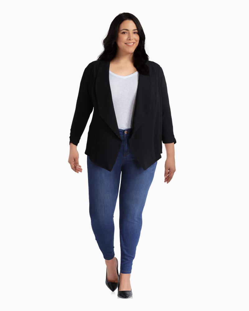 Plus size model with rectangle body shape wearing Rhea Draped Blazer by Prescott New York | Dia&Co | dia_product_style_image_id:110214